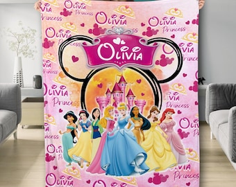 Manta personalizada de princesa de acuarela, manta de princesa para niña con nombre personalizado, manta polar con cabeza de ratón, edredón Magic Kingdom