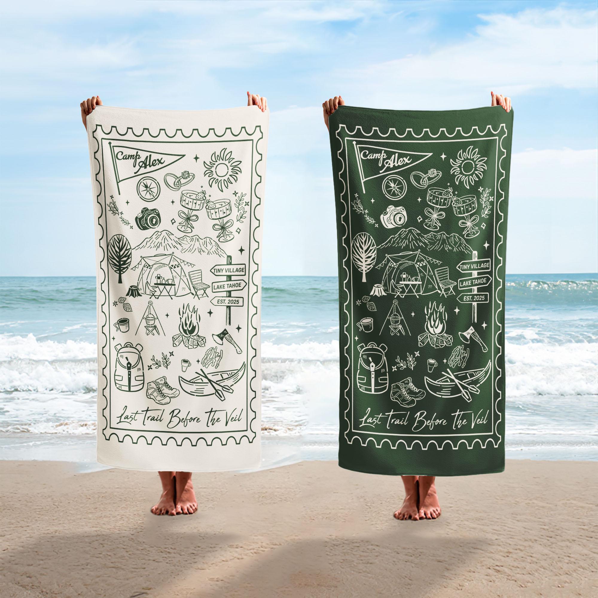 Custom Camping Bachelorette Beach Towels, Camping Bridal Shower Favors Gift, Mountain Wedding Party Pool Towels, Hiking Bach Towel