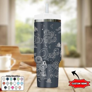 May include: A dark gray tumbler with a white lid and straw. The tumbler features etched white illustrations of cartoon characters and symbols. The words "CUSTOM NAME" are in a red banner. A color chart is in the lower left corner.