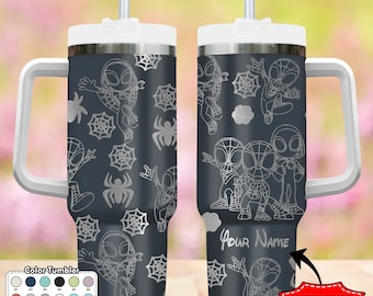 Custom Spider and Friends 40oz Tumbler, Superhero Characters Cup Gift, Cartoon Engraved Tumbler, Super Hero Handle Stainless Steel Tumbler