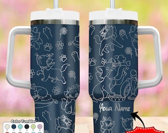 Custom Cat 40oz Tumbler, Cartoon Characters Tumbler, Cute Cat Coffee Cup Gift, Magic Kingdom Handle Stainless Steel Tumbler, Birthday Gift