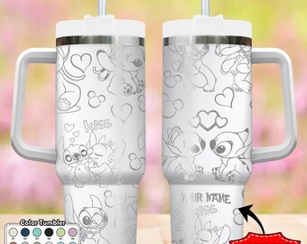 Custom Disney Stitch Couple Tumbler, Stitch Cartoon 40oz Tumbler, Monster Magic Kingdom Cup Gift, Handle Stainless Steel Reusable Tumbler