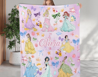 Personalized Coquette Bows Princesses Blanket, Magic Castle Baby Girl Princess Blanket, Belle Aurora Elsa Birthday Girl Blanket