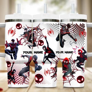 Custom Spiderman Miles Morales Tumbler, Custom Across Spider Verse 40oz Tumbler, Spider Superhero Handle Stainless Steel Reusable Tumbler image 1
