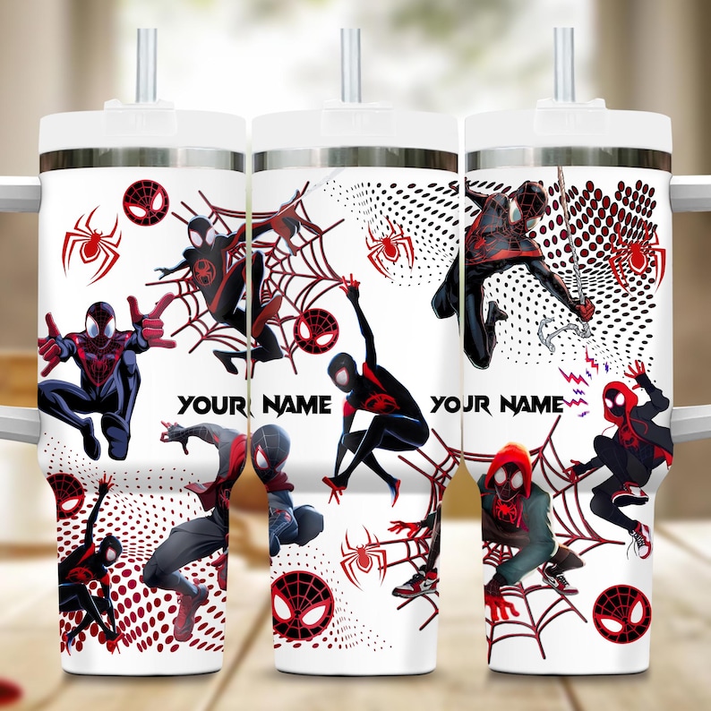 Custom Spiderman Miles Morales Tumbler, Custom Across Spider Verse 40oz Tumbler, Spider Superhero Handle Stainless Steel Reusable Tumbler image 1