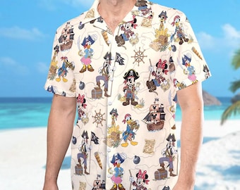 Camisa hawaiana DN de Mickey y sus amigos piratas, camisa hawaiana de Minnie, Goofy, Donald, Daisy y Pluto piratas, camisa abotonada DN para cruceros