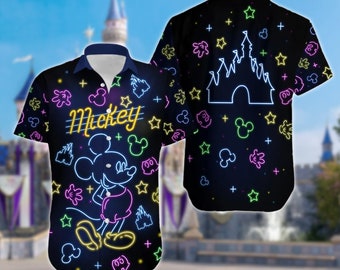 Mickey Mouse Neon Hawaii Beach Shirt, Mickey Movie Button Up Shirt Holiday, Cartoon Hawaiian Shirt Gift, Mickey 3D All Over Print Shirt