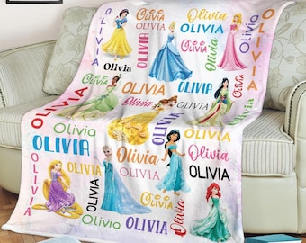 Personalized Watercolor Princess Blanket, Custom Name Baby Girl Fleece Blanket, Princess Birthday Kid Gifts, Princess Character Quilt RE