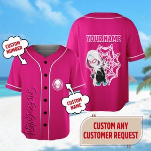 Custom Spider Man Across Verse Gwen Baseball Jersey, Spider-Woman Pink Basketball Jersey, Spiderman Ghost Spider Shirt, Superhero Jersey image 1