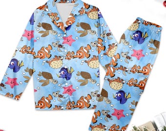 Finding Nemo Pajamas Set, Nemo Women Pajamas, Finding Dory Button Up Shirt, Cartoon Long Shirt, Magic Kingdom Trip Gift