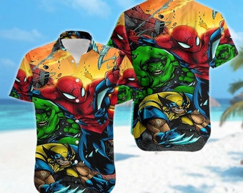 Spiderman Hulk Wolverine Hawaii Shirt, Superhero Cartoon Characters Button Up Shirt, Summer Superhero Fan Hawaiian Shirt, Gift For Friend