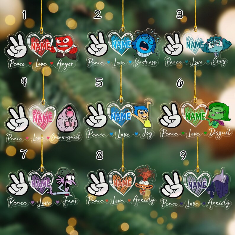 Custom Name Peace Love Inside Out 2 Acrylic Ornament, Inside Out Group