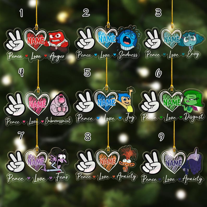 Custom Name Peace Love Inside Out 2 Acrylic Ornament, Inside Out Group