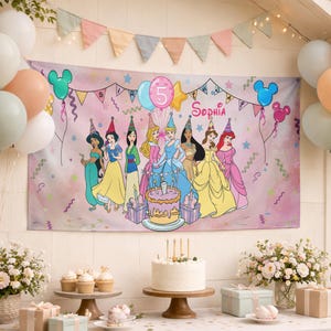 May include: A rectangular birthday banner featuring a pink watercolor background with illustrations of seven Disney princesses wearing party hats, a birthday cake, balloons, and the text "Birthday" and "Sophia" in a cursive pink font.