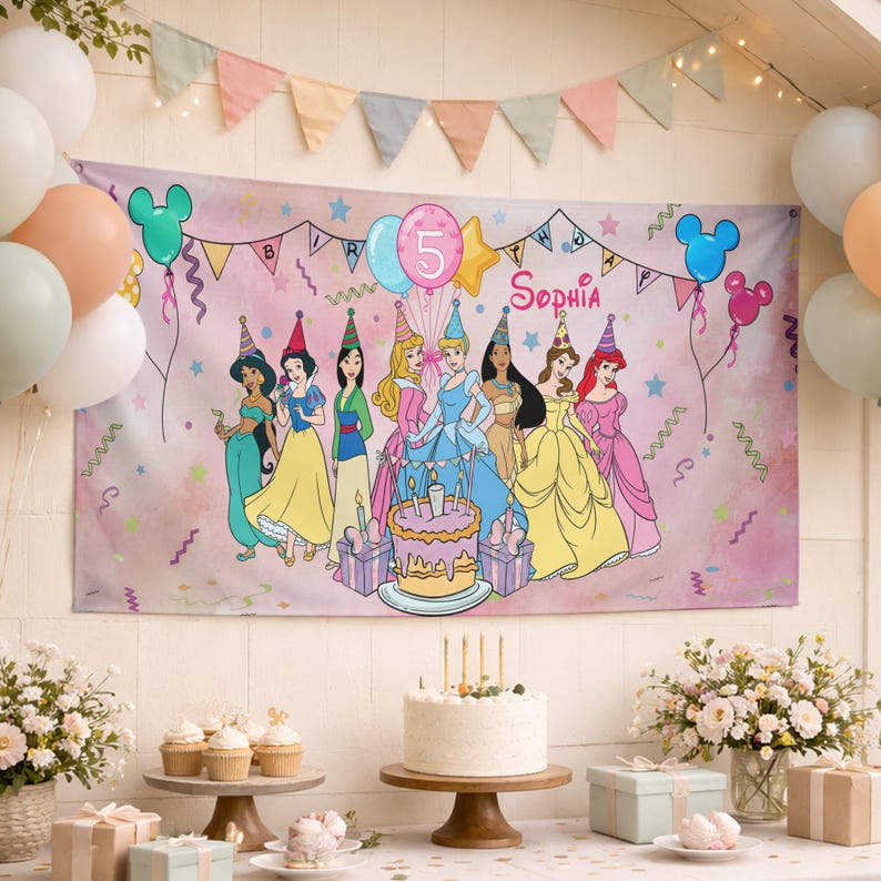 May include: A rectangular birthday banner featuring a pink watercolor background with illustrations of seven Disney princesses wearing party hats, a birthday cake, balloons, and the text "Birthday" and "Sophia" in a cursive pink font.