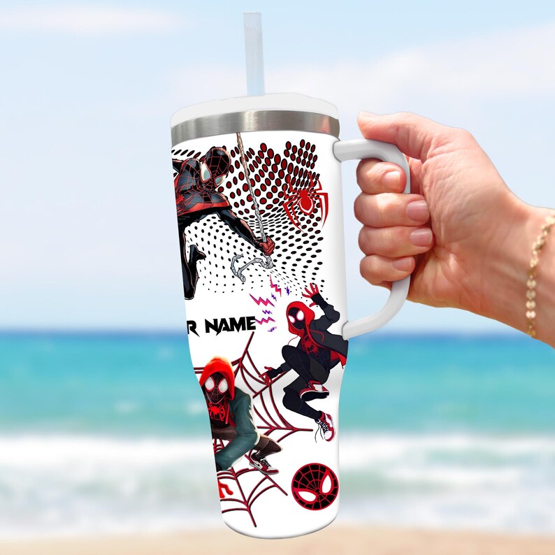 Custom Spiderman Miles Morales Tumbler, Custom Across Spider Verse 40oz Tumbler, Spider Superhero Handle Stainless Steel Reusable Tumbler image 2