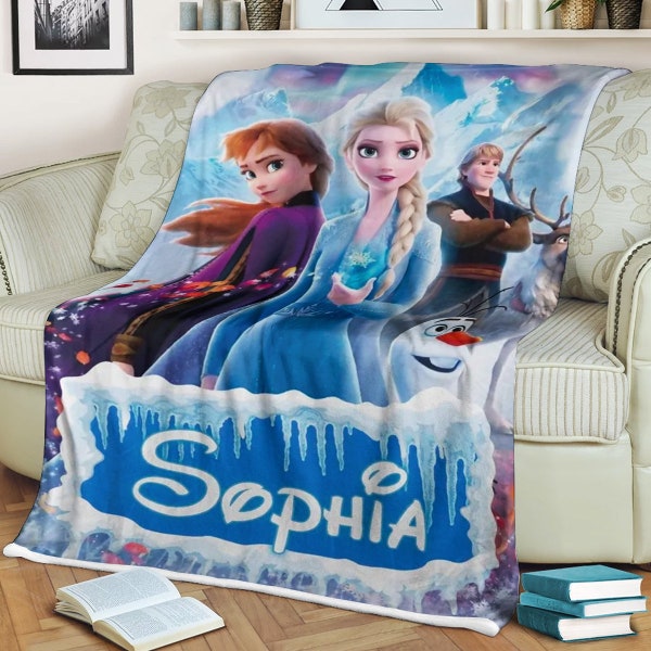 Personalized Main Characters In Icy Place Plush Fleece Blanket, Custom Name Animated Movie Blanket, Magic Kingdom, Birthday Gift, Home Decor