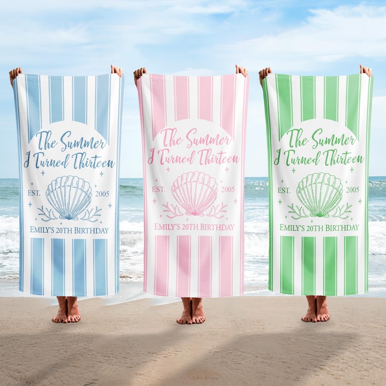 May include: Three beach towels in blue, pink, and green, each with vertical stripes and the text "The Summer I Turned Thirteen." Each towel features a seashell graphic and the text "Emily's 20th Birthday."