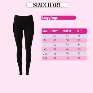 a pair of black leggings with a size chart below them, providing measurements for different sizes.