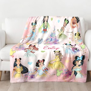 Personalized Watercolor Princess Blanket, Custom Name Baby Girl Blanket, Princess Birthday Girl Gift, Colorful Princess Gift For Daughter