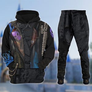 May include: A black hoodie and matching pants set. The hoodie features a faux leather jacket design with a skull and chain details. The pants have a distressed look with ribbed knee panels. The set is designed with a fantasy theme.
