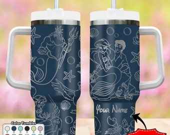 Custom Mermaid Tumbler, Princess Characters 40oz Tumbler, Magic Kingdom Handle Stainless Steel Tumbler, Cartoon Gift, Mermaid Coffee Cup