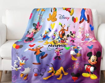 Personalized Watercolor Mickey and Friends Castle Blanket, Custom Name Baby Blanket, Family Birthday Gift for Kid, Birthday Boy Girl
