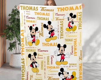 Personalized Mickey Birthday Blanket, Custom Name Watercolor Mickey Mouse Blanket, Baby Girl Blanket, Mickey And Friends Blanket