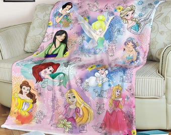 Personalized Watercolor Princess Blanket, Baby Girl Trip Fleece Blanket, Princess Birthday Girl Gift, Princess Characters Quilt Blanket