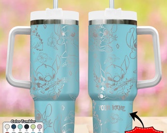 Custom Blue Dog Tropical 40oz Tumbler, Cartoon Characters Engraved Tumbler, Cute Monster Cup Gift, Handle Stainless Steel Reusable Tumbler