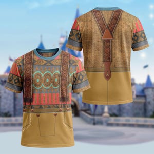 May include: Two short-sleeved t-shirts with a brown and tan design. The front of the shirt has a pattern of geometric shapes in red, teal, and brown, with brown suspenders. The back of the shirt has brown suspenders and a tan background.