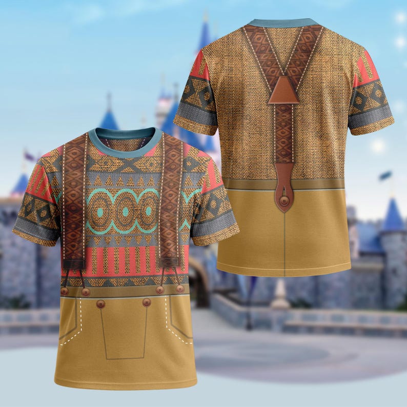 May include: Two short-sleeved t-shirts with a brown and tan design. The front of the shirt has a pattern of geometric shapes in red, teal, and brown, with brown suspenders. The back of the shirt has brown suspenders and a tan background.