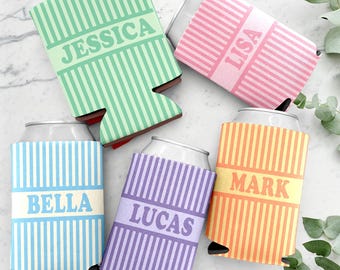Personalized Groovy Striped Can Coolers, Coastal Theme Stripe Can Cooler, Retro Bridesmaid Bach Party Coolers, Beach Bachelorette Favors