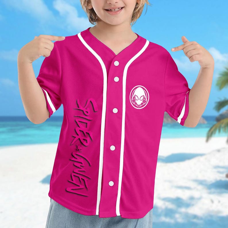 Custom Spider Man Across Verse Gwen Baseball Jersey, Spider-Woman Pink Basketball Jersey, Spiderman Ghost Spider Shirt, Superhero Jersey image 3
