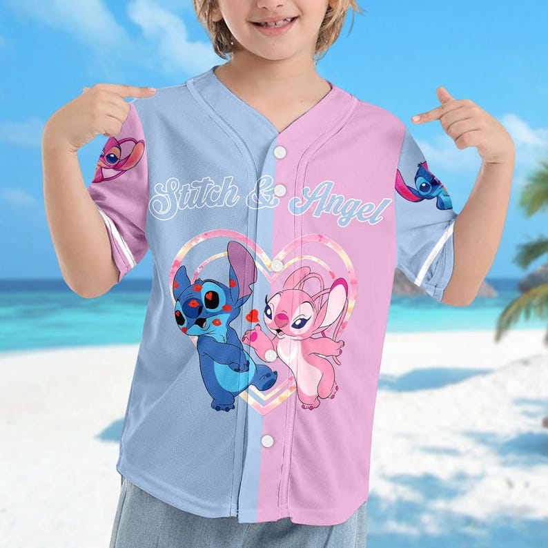 Personalized DN Stitch And Angel Baseball Jersey, Couple Lovers Shirt, Stitch And Angel Basketball Jersey, DN Cartoon Baseball Gift image 3