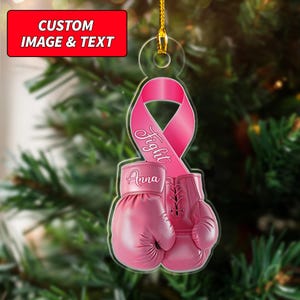 Personalized Breast Cancer Christmas Ornament 2025, Custom Breast Cancer Awareness Christmas Ornament, 2D Flat Pink Ribbon Boxing Ornament