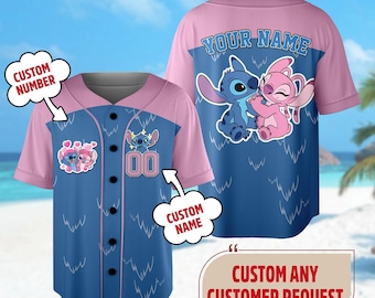 Custom DN Angel and Stitch Baseball Jersey, Angle Stitch Couple Jersey Team, Cartoon Character Summer Trip Shirt, Magic Kingdom Shirt