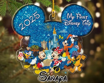 Adorno personalizado del primer viaje de DN, decoración para árbol del castillo de Mickey Mouse y sus amigos, adorno de orejas de ratón de Magic Kingdom, regalo de decoración para árbol de Navidad
