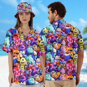 May include: A short-sleeved button-down shirt and bucket hat featuring a colorful pattern of cartoon monsters. The shirt and hat have a blue background with various monster characters in shades of blue, purple, green, and orange.