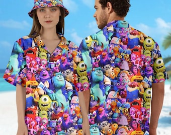 Camisa hawaiana de Monsters Inc., camisa de Mike, Sulley, Boo, Boggs y Flint de Hawái, camisa abotonada con estampado de personajes de dibujos animados, camisa para vacaciones de verano.