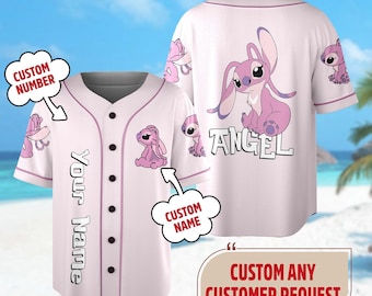 Personalized DN Angel Baseball Jersey, Stitch And Angel Baseball Shirt, Cartoon Basketball Jersey Team, Stitch Family Trip Baseball Gift