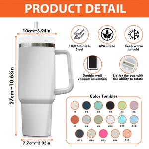 May include: White insulated tumbler with a handle, straw, and lid. The tumbler is 10.63 inches tall and 3.03 inches wide. Features include double-wall vacuum insulation, 18/8 stainless steel, and BPA-free materials. The lid rotates.