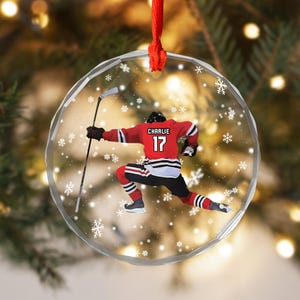 Personalized Hockey Player Christmas Ornament, Custom Hockey Players Keepsake Glass Ornament, Hockey Lovers Christmas Ornament Tree