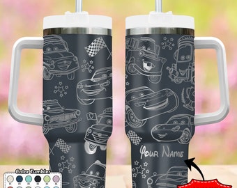 Custom Cars 40oz Tumbler, Racing Cars Team Coffee Cup Gift, Race Car Cartoon Character Tumbler, Magic Kingdom Handle Stainless Steel Tumbler