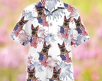 German Shepherd Independence Day Hawaiian Shirt, German Shepherd American Flag Hawaii Shirt, Dog 4th Of July, Patriotic Gift For Dog Lover