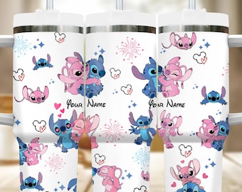 Custom Stitch and Angel Colorful Tumbler, Personalized Stitch 40oz Tumbler, Stitch Cup, Magic Kingdom Handle Stainless Steel Tumbler