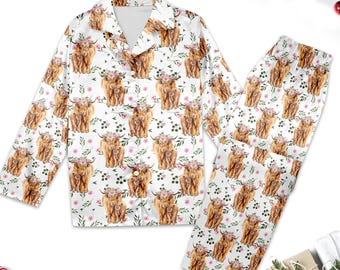 Unique Highland Cow Pajamas, Cow Pajamas Set Women, Cow Shirt For Mom, Funny Cow Shirt, Cow Farm Button Up Shirt, Cow Gifts For Her