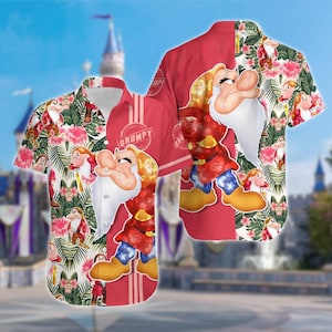 May include: A red and white Hawaiian shirt featuring a cartoon image of Grumpy from Snow White and the Seven Dwarfs. The shirt has a tropical floral pattern and the words "Grumpy" in a red stamp.