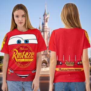Lightning McQueen Unisex Costume T-Shirt, Cars Lightning McQueen Cosplay Costume Shirt, Cars Rusteze Logo Halloween All Over Print Tee image 3