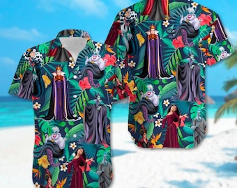 Villain Halloween Hawaiian Shirt, Ursula Maleficent Evil Queen Cruella Hawaii Shirt, Horror Character Shirt, Tropical Villain Button Up Tee